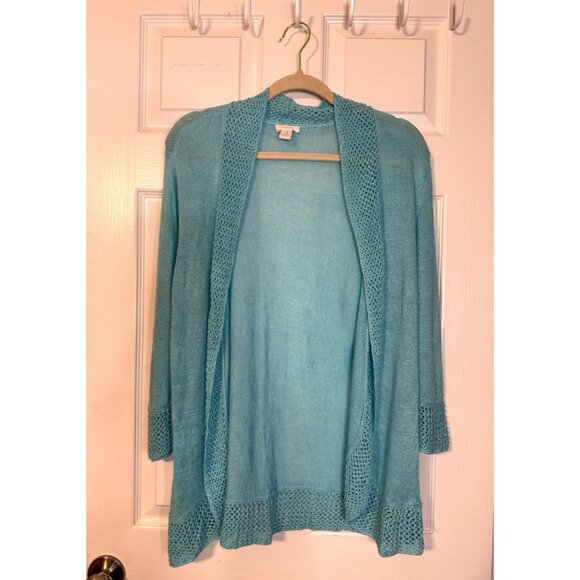 Chicos 3 Open Knit Cardigan Sweater Turquoise Blue Linen Shawl Collar Open Front - Picture 9 of 9